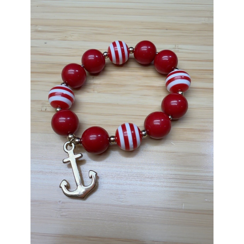 Red White Striped Beaded Stretch Bracelet Anchor Charm Nautical Sailor